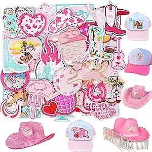 Western Iron On Patches for Cowgirl Hats: Meneng 45Pcs Pink Trucker Hat Patches DIY Accessories - Preppy Sew On Embroidered Patches for Jackets Backpacks Clothing