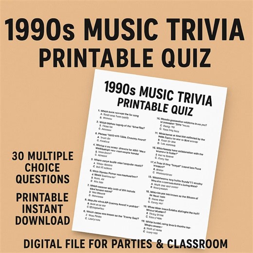 1990s Music Trivia Quiz - 30 Multiple Choice Questions (digital Download) - Etsy