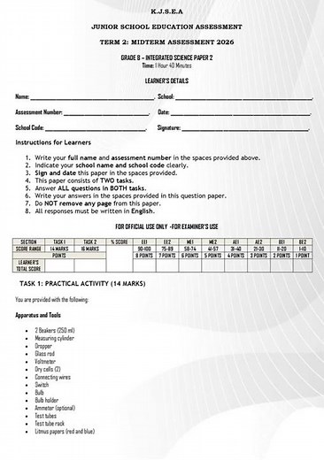 Grade 8 Integrated Science Paper 2 Mid Term 2 2026 Exam