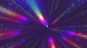 Disco ball rays VJ loop for intro, opening video. Prismatic beams of light. Dark violet backdrop. Rotating glowing neon rainbow particles. Holographic background 4K. Yellow green blue pink purple flow