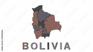 Bolivia map with paper regions. Animated country map growing from regions and title letters falling down. Authentic 4k animation.
