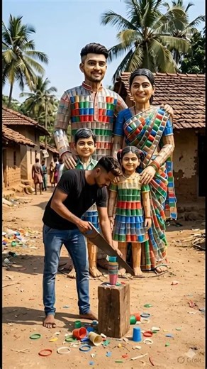 Indian Family Statue Made From Plastic Glasses 🥛 | Amazing Village Art #shorts #craft #family #love