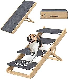 4 Tiers Wooden Dog Stair, Adjustable Wooden Dog Steps with Handle Foldable Dog Ramp for Bed Couch Car (Gray)