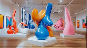 A modern art exhibit showcasing an array of abstract 3D inflatable sculptures displaying a blend of playful and elegant elements.