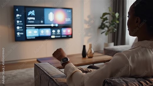 Smart Home Automation Control - A woman interacts with her smart home automation system from her living room using a smartwatch.