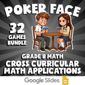 32 POKER FACE Math Games - Cross Curricular Math Applications - Grade 8 No Prep
