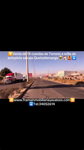 ✴️🦺🏠VENTA DE TERRENO a orilla de autopista salcaja QUETZALTENANGO Ubicado a 1 km de rotonda migrante sobre autopista Salcaja ✅cuenta con 6200 m2 de extensión y 114 mts de frente a la autopista y 60 de fondo, necesita corte para nivelar a la carretera. Ideal para bodegas, gasolinera etc. ❇️ Precio de preventa: 🕥 Entrega inmediata Promueve y vende: 🥇Www.framainmobiliariayavaluos.com 📳Tel: 34052614 #terrenoenventa #casasenventa #bodegas #autopistasalaja #construccion