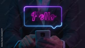 Businessman showing glowing neon line of HELLO sign banner. Concept of new team member, welcome word, people celebrate, meeting, greeting, discount and clearance for promo video or presentation.