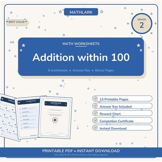 Grade 2 Addition Within 100 | Homeschool Printable Worksheets PDF - Etsy