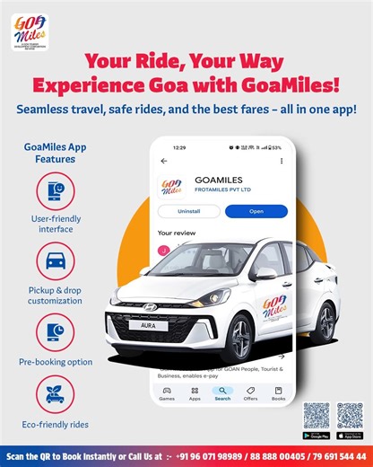 GoaMiles 🚖 Your Ride, Your Way – GoaMiles Makes It Easy! ✅ Safe & Reliable Taxis, Anytime, Anywhere ✅ Affordable Fares with No Hidden Charges ✅ Easy App Booking & Cashless Payments ✅ Local Drivers, Smarter Routes, Seamless Rides Explore Goa stress-free – book your ride now! Download it here: Play Store - https://play.google.com/store/apps/details?id=com.frotamiles.goamiles_user App Store - https://apps.apple.com/in/app/goamiles/id1414383690 For further information, you can call on helpline no 9