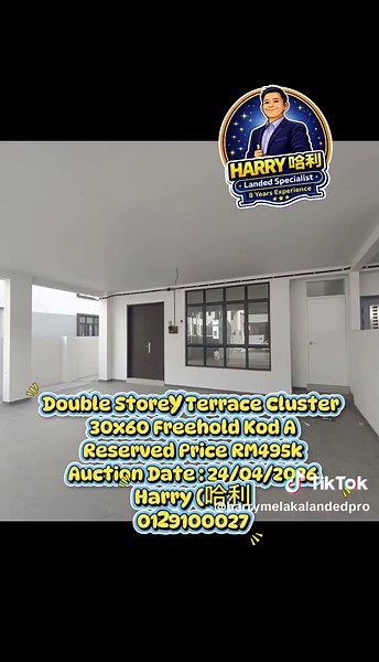 Melaka PT. Auction . No. 50 Jln. BKD 51 , Bkt. Katil Damai 2 , Bukit Katil , 75450 Hang Tuah Jaya , Melaka . 30 x 60 Brand new double storey terrace cluster house end lot . Leasehold till Mac. 2121 . 4 bedrooms and 3 bathrooms . Code A . Vacant position . Reserved price RM 495,000 . Auction date : 24 Apr. 2026 . Call Harry 0129100027