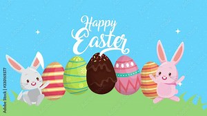 happy easter animated card with rabbits and eggs in the camp Stock Video