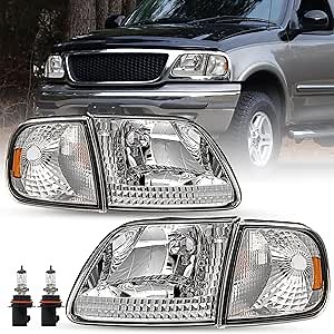 SOCKIR Headlight Assembly w/Bulbs Fit for Ford 1997-2003 F150 / 2004 F150 Heritage / 1997-2002 Expedition / 1997-1999 F250 Light Duty w/Corner Lights 4pcs, Chrome Housing with Amber Reflector