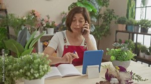 Mature woman florist taking order over phone in plant-filled flower shop, writing on notepad