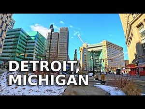 [4K] DETROIT, MICHIGAN; VIRTUAL WALKING TOUR OF DOWNTOWN DETROIT WITH INFORMATIVE SUBTITLES