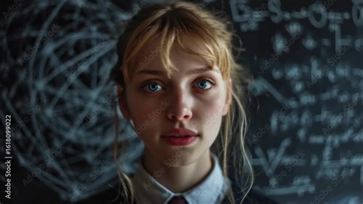 Beautiful blonde girl teenager high school student with blue eyes stands in front of blackboard