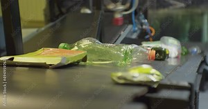 modern industrial waste processing.household waste moves along the conveyor of the sorting line.close-up.