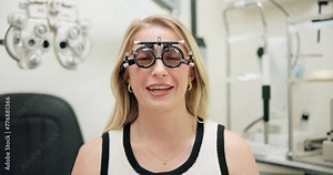 Trial, frame and woman for optometry vision with eye exam, consultation and happy with results at optometrist. Patient, optical tool and ophthalmology for retina strength, lens refraction or eyesight