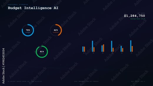 An advanced AI financial advisor interface dynamically updates complex wealth metrics and budget analytics through a sleek futuristic dark mode dashboard with glowing data visualizations