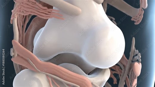 Comprehensive 3D rendering of the human knee joint, illustrating complex bone, muscle, and ligament anatomy.