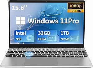 Auusda 32GB RAM Windows Laptop Computer, 1TB M2 PCIe NVMe SSD, 1.7-3.4 GHz Intel N95 (Beat i5-6440EQ) CPU, 15.6" FHD 180° IPS LCD Screen, Backlight Keyboard, Fingerprint Reader, Mini HDMI, USB-A x2