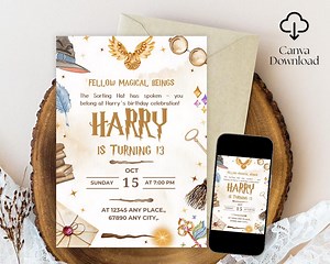 Wizards Witches Birthday Invitation, Magical School Wizardry Birthday Party Invitation, Editable Invite Printable Canva Template - Etsy