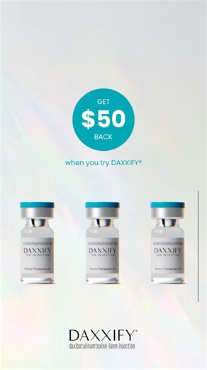 DAXXIFY® — The Only Peptide Formulated Frown Line Treatment on Instagram: "$50 says you’ll make the switch. 😉💜 Try DAXXIFY® today and get $50 back.* Click the link in bio to find a provider near you. *$50 rebate will be awarded as a prepaid e-gift card. Claims must be received by 4/6/26. See Terms & Conditions for details. #DAXXIFY #Aesthetics #FrownLineTreatment #FrownLines For Full Prescribing Information including Boxed Warning and Medication Guide, see @daxxifypi. DAXXIFY® (daxibotulinumto