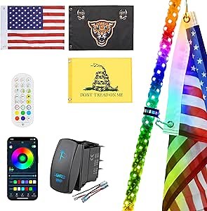 Ehaho 1 Pack 5FT Whip Lights,Whip Light with App & Remote Control, Spiral RGB Chasing Lighted Whips with Rocker Switch, Music Whip Light for UTV ATV Polaris RZR Can-Am SXS Truck