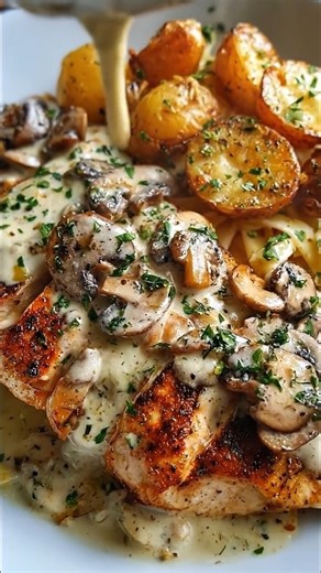 Rebecca Ellis| RD on Instagram: "Greek Hot Honey Garlic Chicken Alfredo with Roasted Potatoes & Fig‑Balsamic Mushroom Cream Ingredients For the Chicken & Marinade 2 chicken breasts (boneless, skinless) 3 tbsp olive oil ...... Full Recipe in BIO #easyrecipeideas #mediterraneansea #reelschallenge #viralreelsシ #recipeshare"