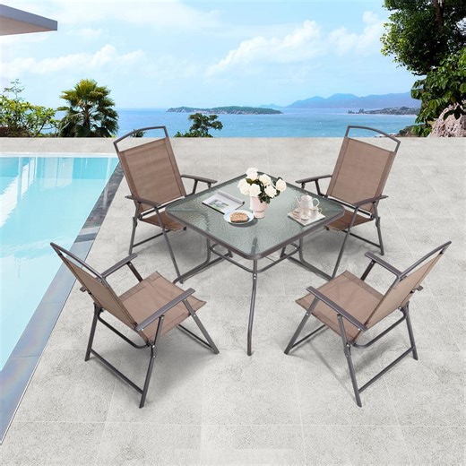 Reviews for Crestlive Products 5-Piece Outdoor Dining Set Metal Square Dining Table with Tempered Glass Top and Umbrella Hole 4-Foldable Chair in Brown | Pg 1 - The Home Depot