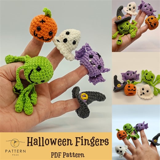 Crochet Halloween Finger Puppets Pattern – PDF Amigurumi Ghost, Pumpkin, Witch Hat, Germ, Bat – Easy Halloween Crochet Toy Pattern for Kids - Etsy