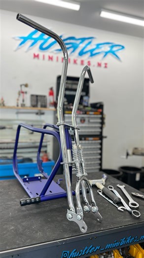 10K views · 748 reactions | The “Bryan Hengst” 150th Hustler Minibike  Casper Clear over Blue Blood with custom Chrome Springer Forks. #hustlerminibikesnz #nzmade #minibikes #customminibike | Hustler Minibikes NZ | Facebook