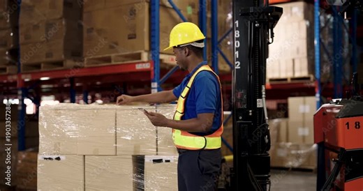 male african american warehouse supervisor holding tablet inspecting cardboard boxes on pallet beside forklift during stock check inside logistic cargo distribution storage area of facility