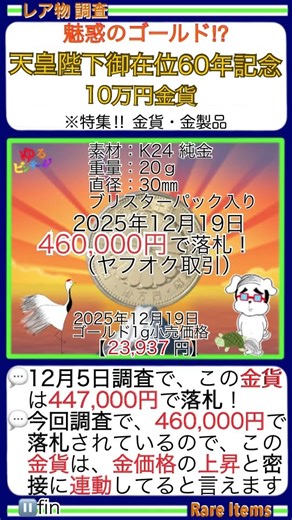 ■THE GOLD✨『天皇陛下御在位60年記念 10万円金貨｜金1g価格：2025年12月19日23,937円』金のヤフオク取引を調査 ￥金運上昇￥黄金投資術？〇ゆるビンテージ