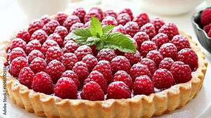 Delicious raspberry tart with fresh mint leaves on a white plate, perfect for dessert at a summer gathering