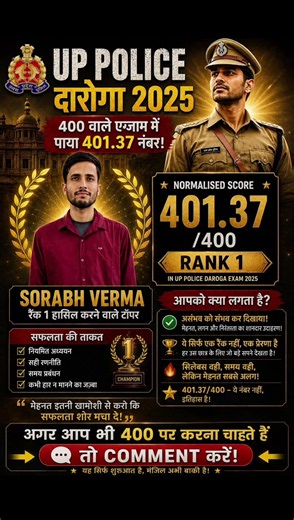 Meet UP Police Daroga 2025 Rank 1 Topper | Sorabh Verma Scored 401.37/400! 🤯