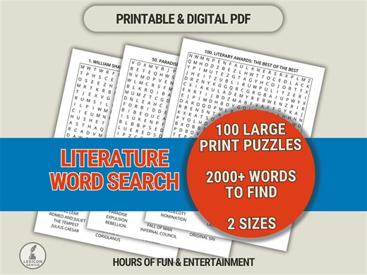 Literature Word Search Printable, 100 Puzzles for Adult & Teen Book Lovers (PDF) - Etsy