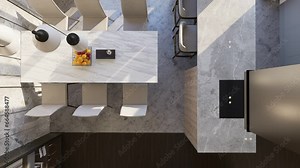 3D-render. Camera pan through the interior of a studio apartment in a modern style. Top view
