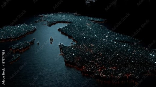 A stylized map featuring twinkling lights, showcasing land and water. A dark, moody, futuristic view