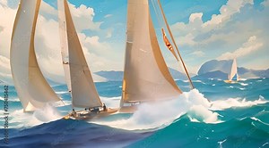 Abstract animation of a high-speed sailing yacht. Sail, sea, captain, deck, mast, ocean, frigate, journey, helm, anchor, water, sailor, waves. Generated by AI Stock Video