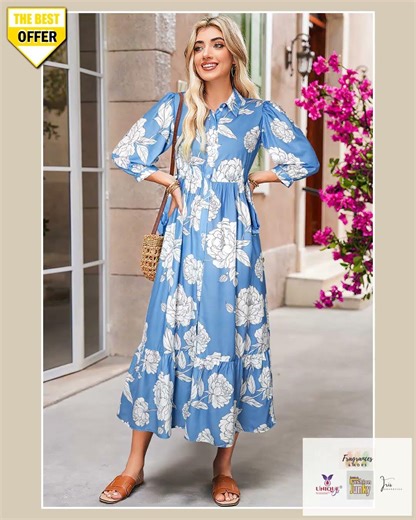 Sky Blue Floral Print Shirt Collar Button Down 3/4 Sleeve Ruffle Hem Long Dress