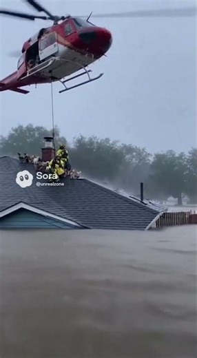 Rescue team rappelling from a helicopter to save cats