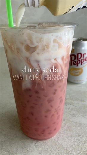 Protein Diet Dr Pepper Dirty Soda – 83 calories, 13 g protein Recipe link in bio 😊 - 32 oz crushed ice - 1–2 oz sugar-free strawberry syrup (plus more to taste) - Diet Dr Pepper (about 8–10 oz) - ½ bottle vanilla protein shake (about 7 oz — I used Fairlife) - Optional: splash of sparkling water (just to blossom the color) NOTE: This is a good drink, but the strawberry and vanilla aren’t super distinct — everything blends into one creamy, sweet “dirty soda” flavor. Inspired by a Strawberry Short