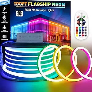 KANAYA 98ft RGB Led Neon Rope Lights ETL Listed, 110-120V Waterproof Color Changing Lighting Strip Remote Control, for Residential Commercial Outdoor Indoor Decor