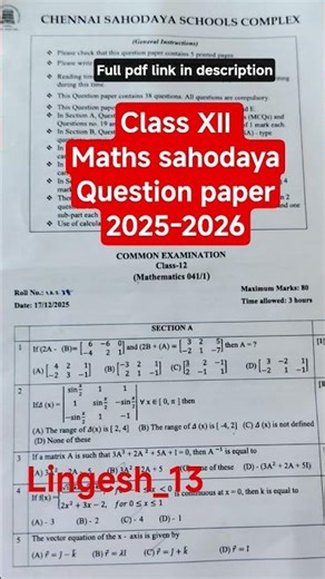 Class 12 Maths Sahodaya Question Paper 2025-2026#cbse #preboard2025