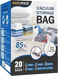Vacuum Compression Storage Bags, Space Saver Bags, Sealer Clothes Storage, Zipper Vacuum Sealer Bags for Clothes, Comforters, Blankets, Bedding, Duvets,Travel with Hand Pump (20 PACK 4S/4M/4L/4J/4R)