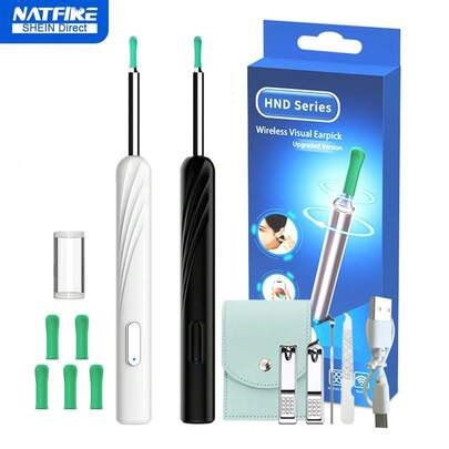 NATFIRE Ear Wax Removal Kit Latest Earwax Remover Tool Ear Cleaning HD Ear Cleaner With Camera With 6 LED Lights & 5 Ear Spoons WiFi Otoscope Endoscope Illuminated Earpick Ear Spoon Wireless Intelligent Visual Ear Pick Type-C Rechargeable Smart Ear Picker With Nail Clipper Set Ear Scope Compatible With IPhone Compatible With Android Phones (White Black) Birthday Gift Funny Present For Boyfriend Girlfriend Mother Father | SHEIN