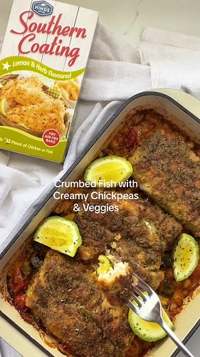 Crumbed Fish with Creamy Chickpeas & Veggie Bake Recipe