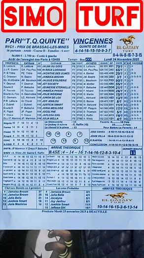 Programme Quinté (R1/C1) de Paris Vincennes 24/11/2025 | Simo Turf