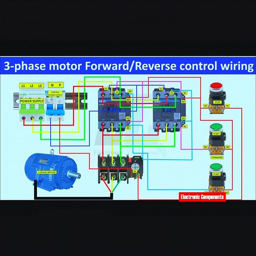 3-Phase Motor Forward Reverse Starter Control Wiring Diagram #fblifestyle | 𝐄𝐥𝐞𝐜𝐭𝐫𝐨𝐧𝐢𝐜 𝐂𝐨𝐦𝐩𝐨𝐧𝐞𝐧𝐭𝐬